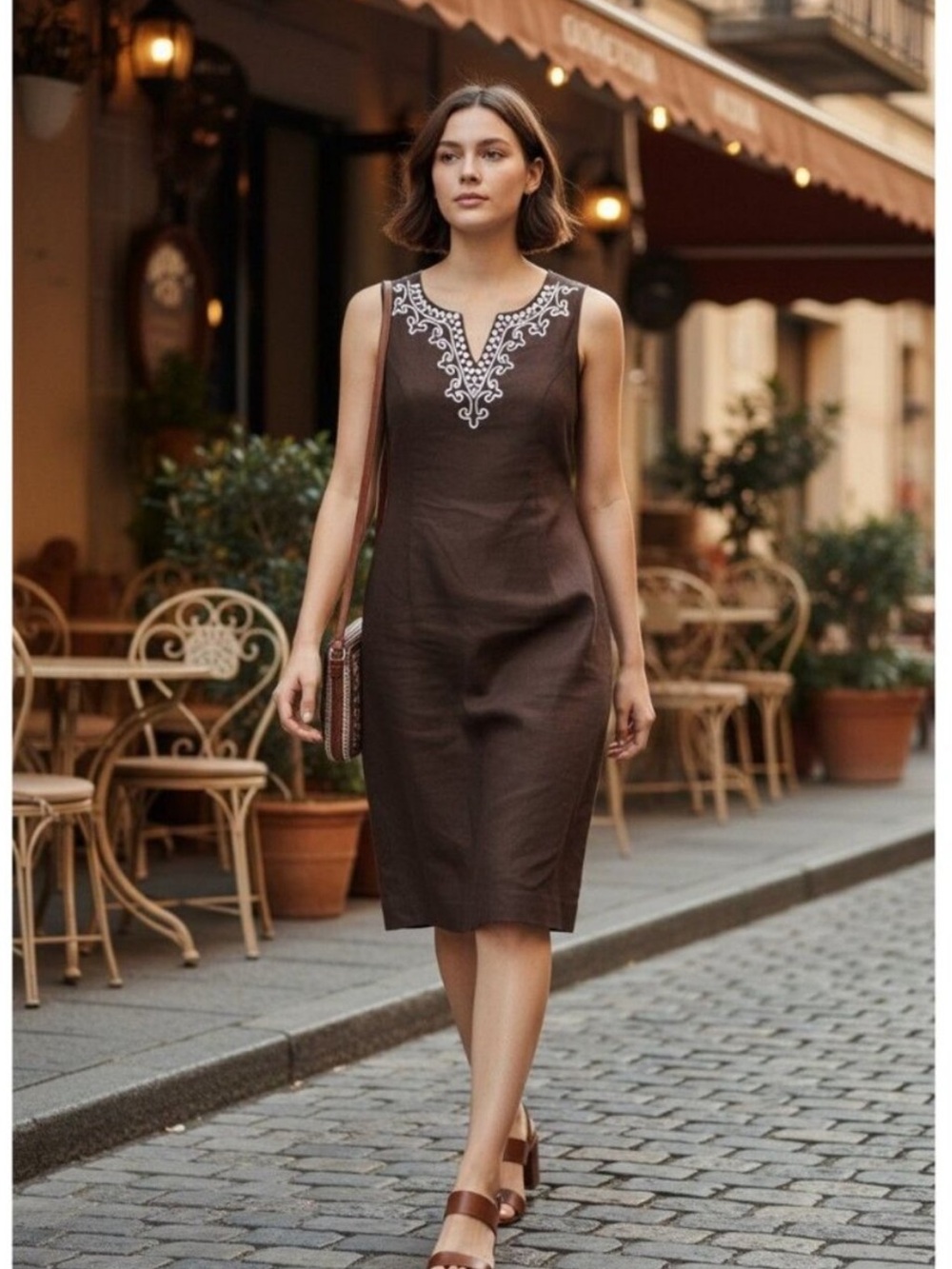Talbots 100% Linen Chocolate Brown Sleeveless Dress w/ White Embroidered V-Neck